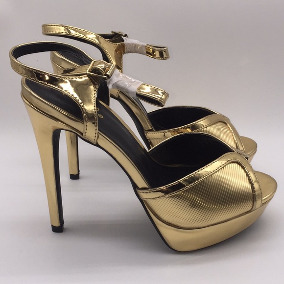 Qupid Ladies Platform Heels Pumps 5” Gold Shiny Metallic Open Toe Size 8 - Picture 6 of 14